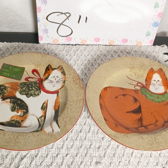 2 Fiddlestix 8" Christmas Cats Plates Sakura Dessert Orange Tabby Black White - Picture 2 of 12